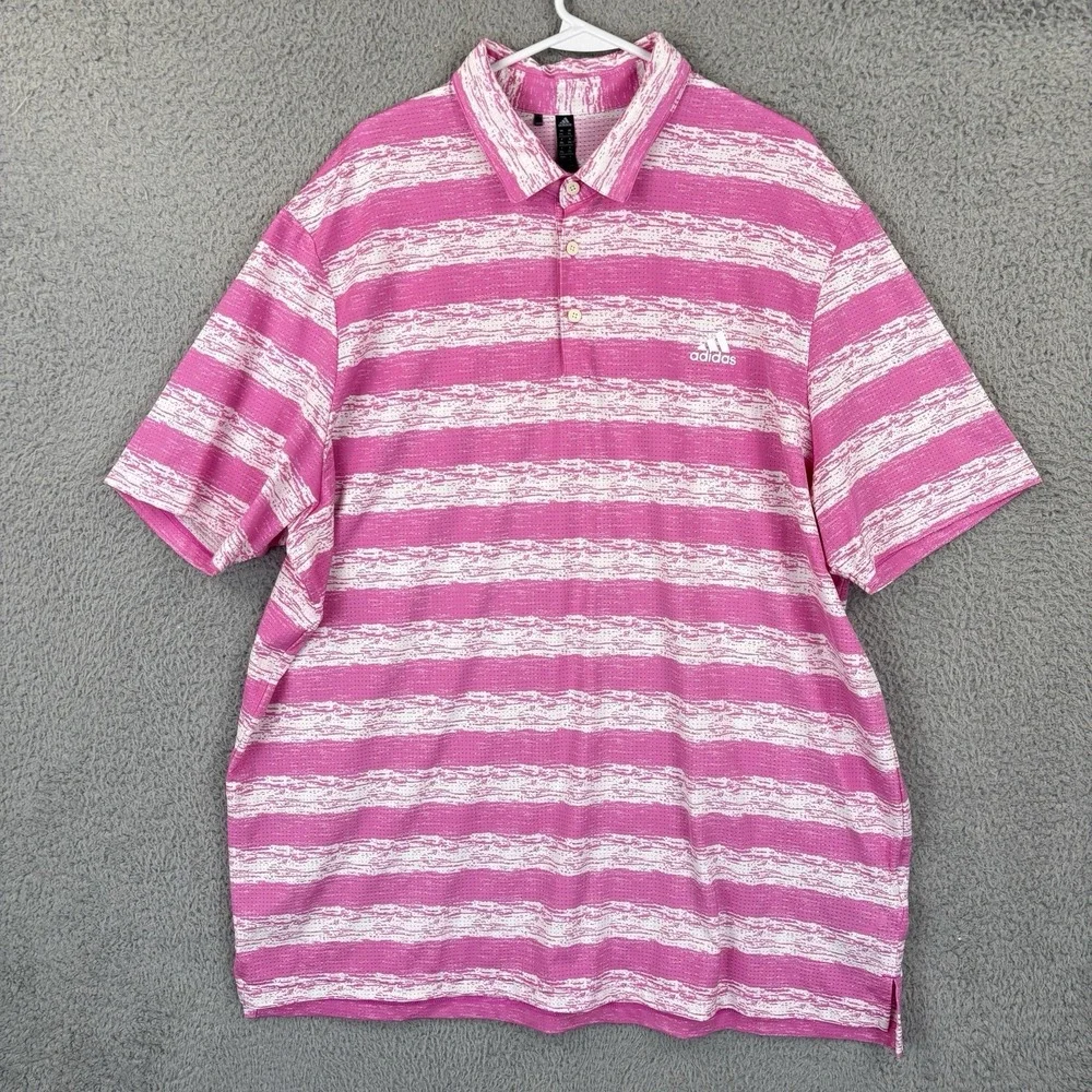 Adidas Golf Polo Men's 2XL Pink Painted Striped Performance Stretch Vented Shirt